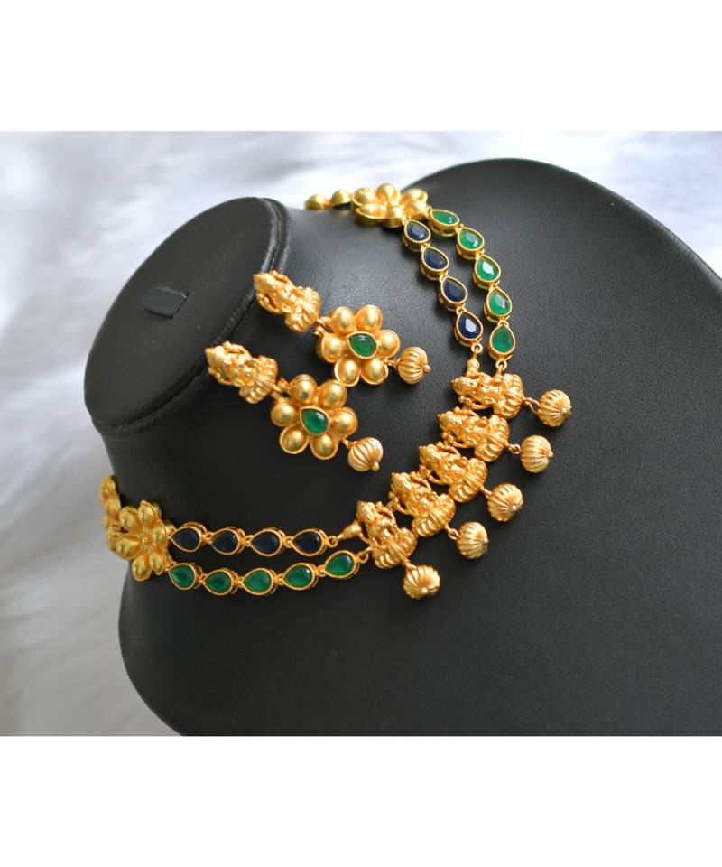 Divine Matte finish green-black Lakshmi necklace set dj-01445