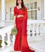 red printed georgette saree with unstitched blouse
