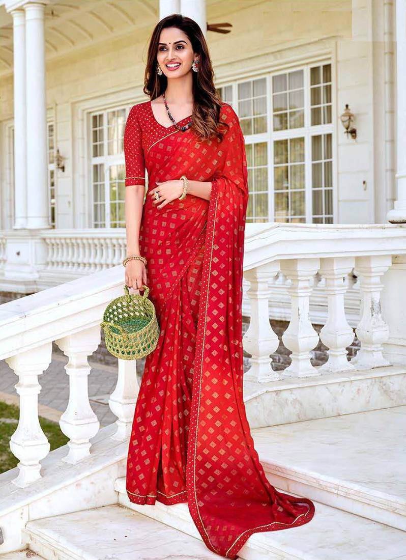red printed georgette saree with unstitched blouse