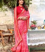 peach printed chiffon saree with unstitched blouse