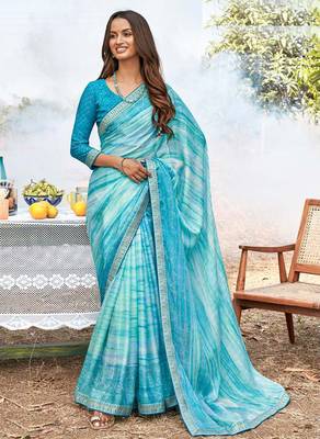 blue printed chiffon saree with unstitched blouse 1