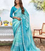 blue printed chiffon saree with unstitched blouse