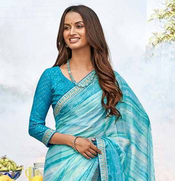 blue printed chiffon saree with unstitched blouse 2