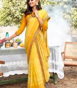 yellow printed chiffon saree with unstitched blouse