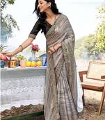 grey printed chiffon saree with unstitched blouse