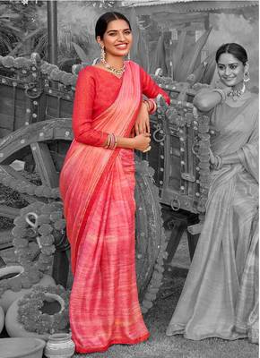 peach printed chiffon saree with unstitched blouse 1