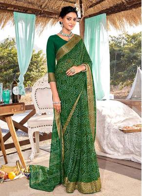 green printed chiffon saree with unstitched blouse 1