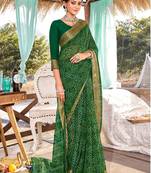 green printed chiffon saree with unstitched blouse