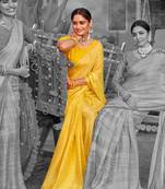 yellow printed chiffon saree with unstitched blouse