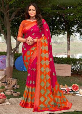 pink woven chiffon saree with unstitched blouse 1