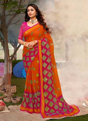 orange woven chiffon saree with unstitched blouse 1
