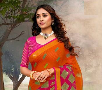 orange woven chiffon saree with unstitched blouse 2