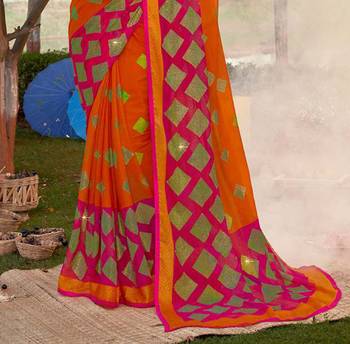 orange woven chiffon saree with unstitched blouse 3