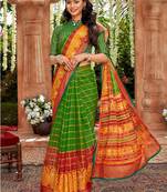 green woven chiffon saree with unstitched blouse