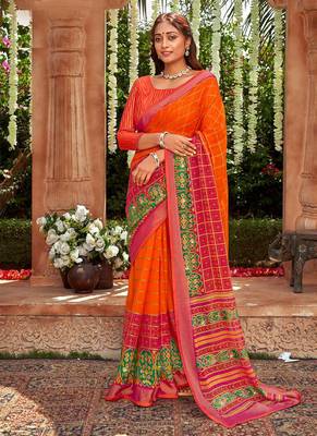 orange woven chiffon saree with unstitched blouse 1