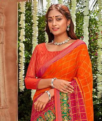 orange woven chiffon saree with unstitched blouse 2