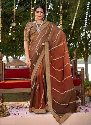 brown woven chiffon saree with unstitched blouse 1