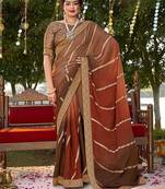 brown woven chiffon saree with unstitched blouse