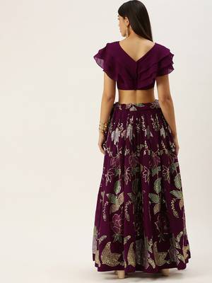 Wine Color Georgette Thread and Sequins Embroidered Work Semi Stitched Two Piece Lehenga  2