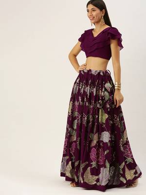 Wine Color Georgette Thread and Sequins Embroidered Work Semi Stitched Two Piece Lehenga  3