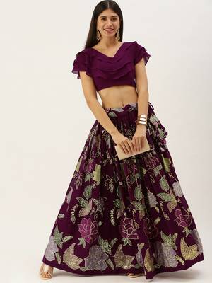 Wine Color Georgette Thread and Sequins Embroidered Work Semi Stitched Two Piece Lehenga  4
