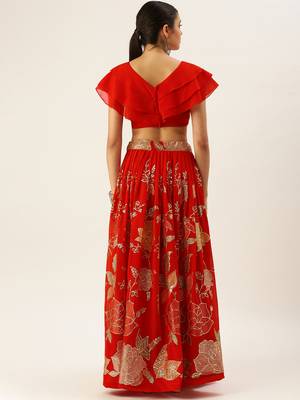 Red Color Georgette Thread And Sequins Embroidered Work Semi Stitched Two Piece Lehenga 2