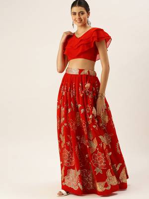 Red Color Georgette Thread And Sequins Embroidered Work Semi Stitched Two Piece Lehenga 3