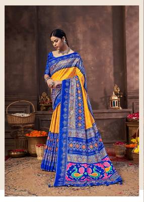 Blue printed silk blend saree with blouse 1
