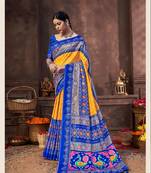 Blue printed silk blend saree with blouse