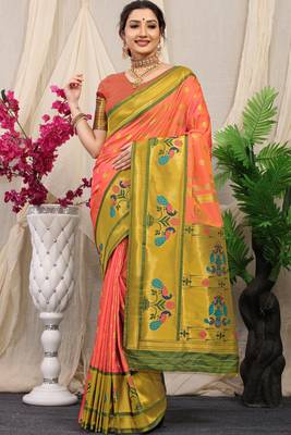 OFR Woven Design Zari Silk Blend  Paithani Saree With Blouse 1