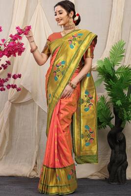 OFR Woven Design Zari Silk Blend  Paithani Saree With Blouse 2