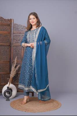 Women's Rayon Ethnic Printed Anarkali Kurti With Pant & Dupatta Set 1