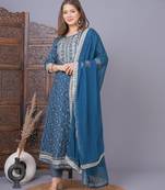 Women's Rayon Ethnic Printed Anarkali Kurti With Pant & Dupatta Set