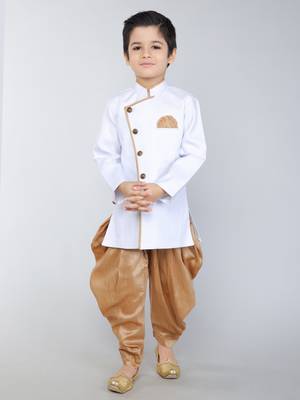 ANAN White Plain Blended Cotton Kids Sherwani & Dhoti 1