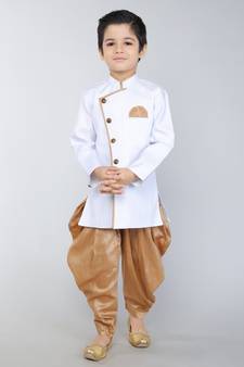 ANAN White Plain Blended Cotton Kids Sherwani & Dhoti
