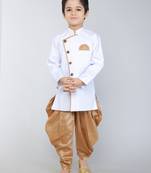 ANAN White Plain Blended Cotton Kids Sherwani & Dhoti