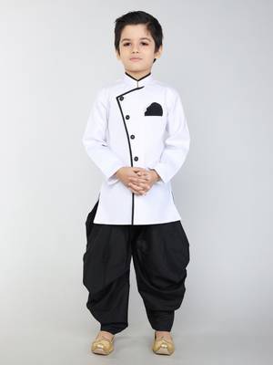 ANANN White Plain Blended Cotton Kids Sherwani & Dhoti 1