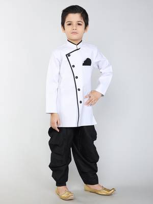 ANANN White Plain Blended Cotton Kids Sherwani & Dhoti 2