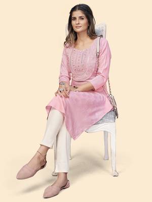 Vbuyz Women'S Embroidered & Mirror Straight Fancy Rayon Pink Stitched Kurta 2