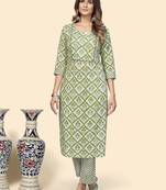 Vbuyz Women'S Printed & Embroidered Straight Cotton Green Stitched Kurta