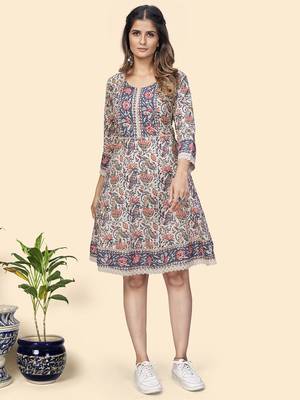 Vbuyz Women'S Floral Print Flared Cotton Beige Stitched kurti 1