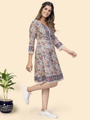 Vbuyz Women'S Floral Print Flared Cotton Beige Stitched kurti 5