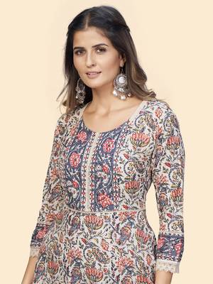 Vbuyz Women'S Floral Print Flared Cotton Beige Stitched kurti 6