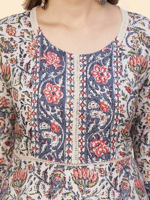 Vbuyz Women'S Floral Print Flared Cotton Beige Stitched kurti 7