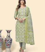 Vbuyz Women'S Printed & Embroidered Straight Cotton Green Stitched Kurta Pant With Dupatta
