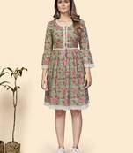 Vbuyz Women'S Floral Print Flared Cotton Sea Green Stitched kurti