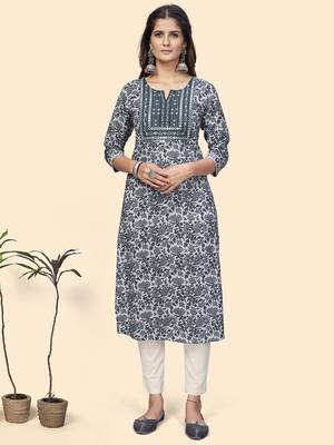 Vbuyz Women'S Print & Embroidered Straight Cotton Grey Stitched Kurta 1