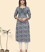 Vbuyz Women'S Print & Embroidered Straight Cotton Grey Stitched Kurta