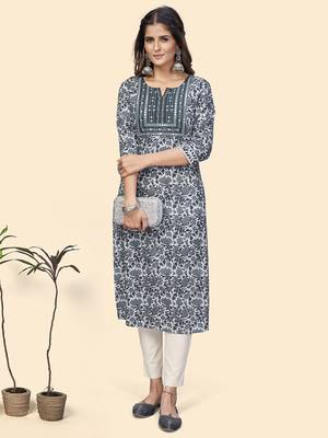 Vbuyz Women'S Print & Embroidered Straight Cotton Grey Stitched Kurta 2