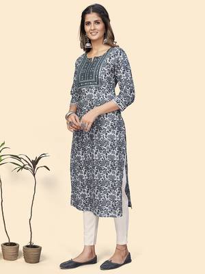 Vbuyz Women'S Print & Embroidered Straight Cotton Grey Stitched Kurta 4